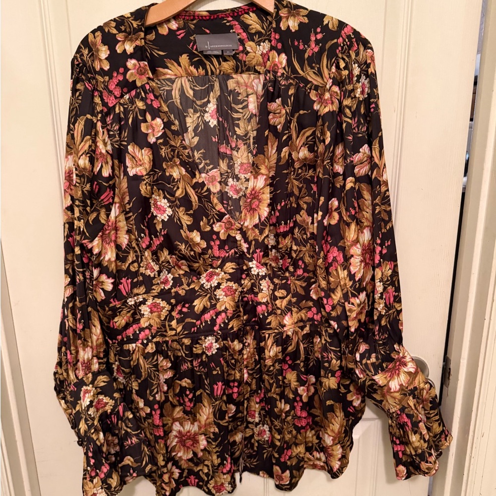 Anthropologie Black and Pink Floral Blouse
